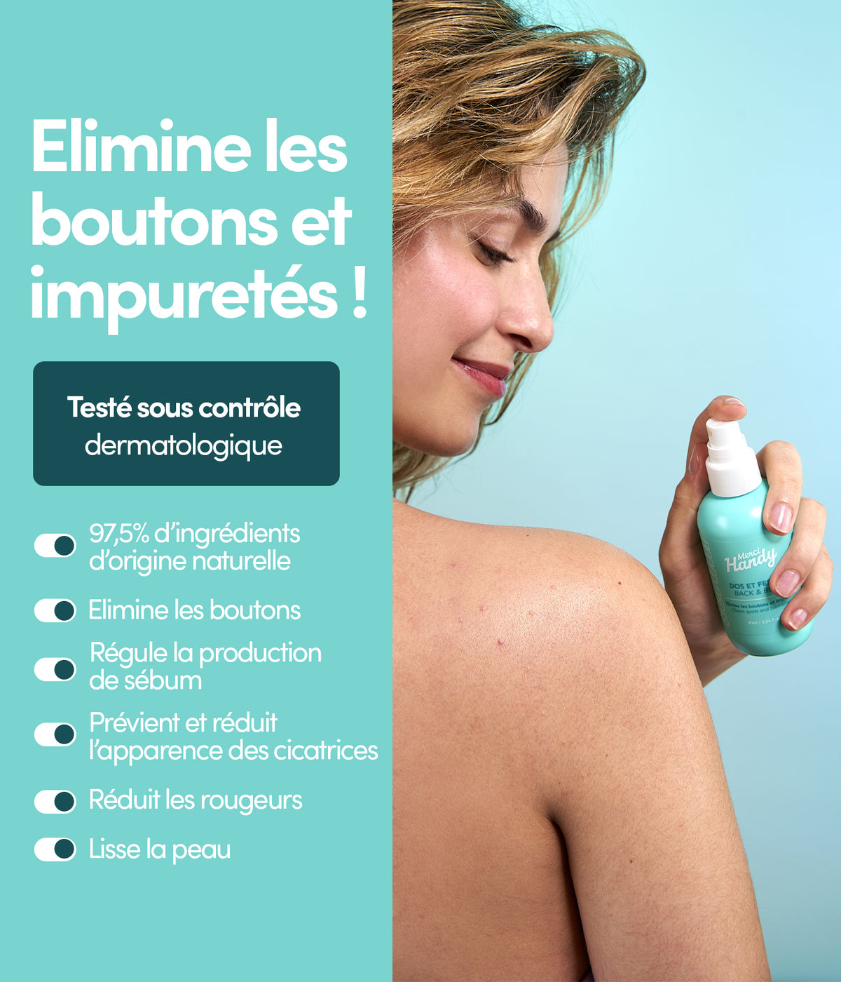 Body Serums TRIO - Pimples, Ingrown Hairs & Stretch Marks Merci Handy – body serum applied to the shoulder, with its benefits
