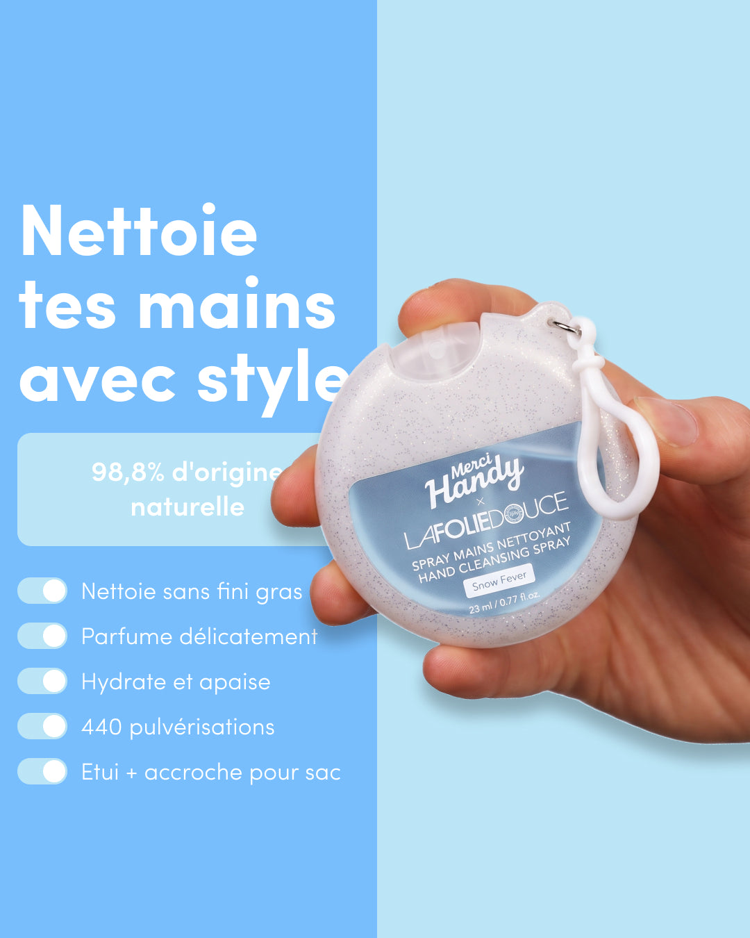 Hand Cleansing Spray x La Folie Douce™ Merci Handy – spray held in hand and its key benefits