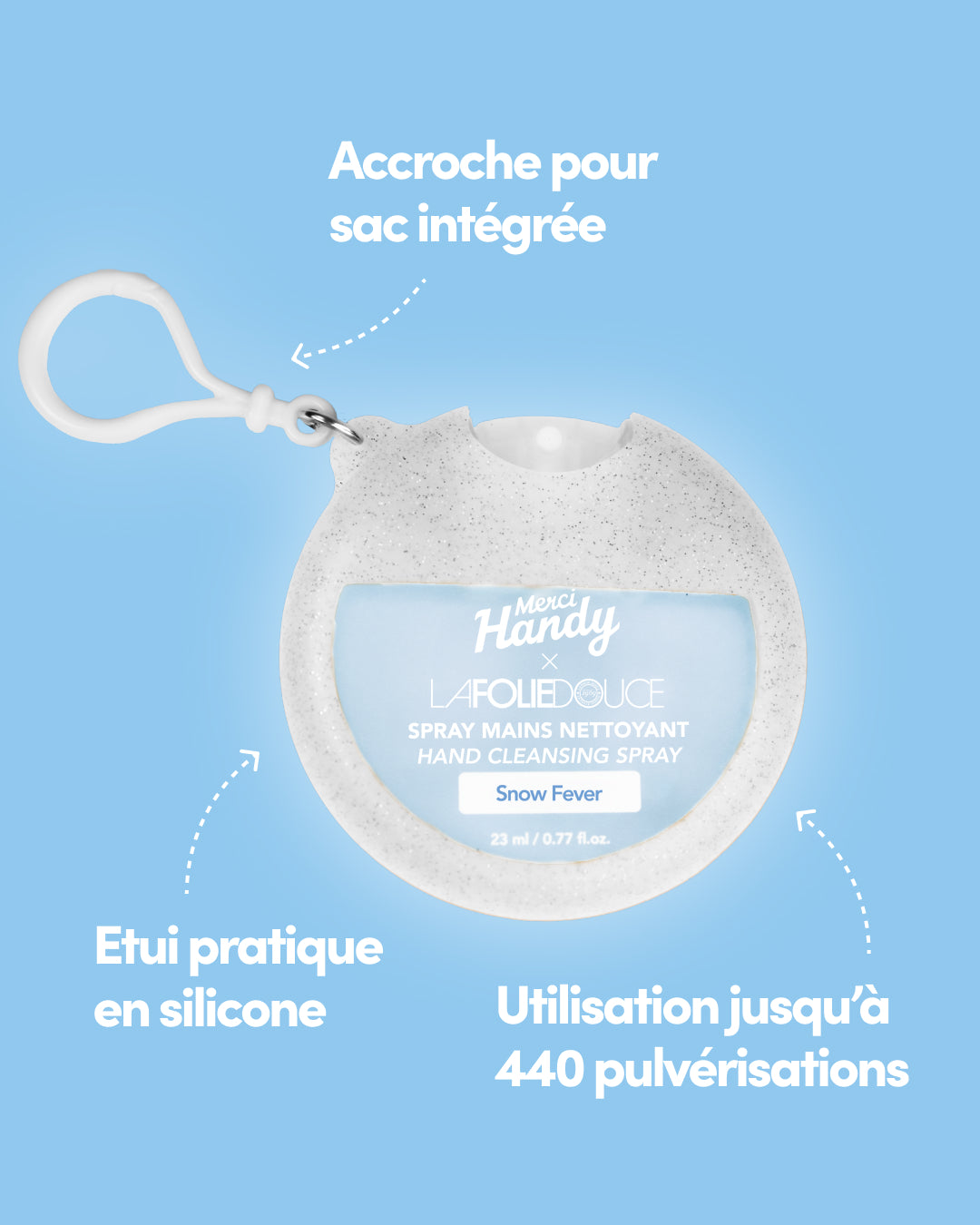 Hand Cleansing Spray x La Folie Douce™ Merci Handy – silicone case with built-in bag clip