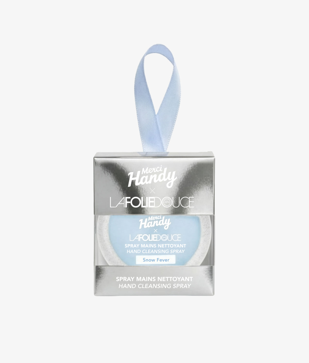 Hand Cleansing Spray x La Folie Douce™ Merci Handy – spray in its clip case on a grey background