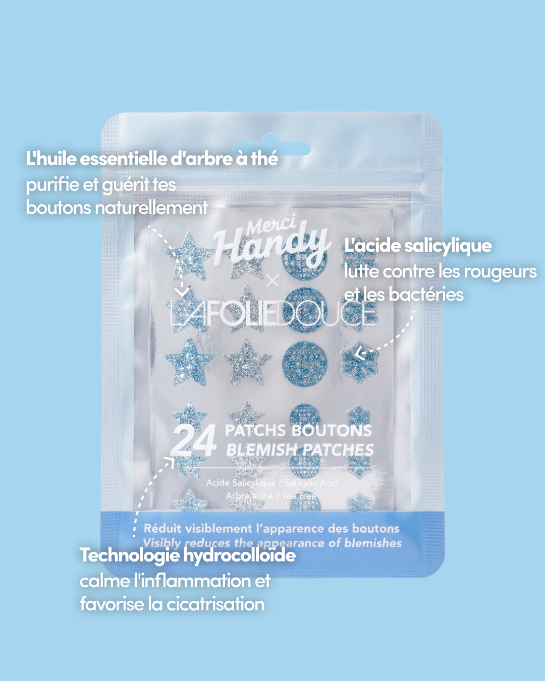 24 Pimple Patches x La Folie Douce™ Merci Handy – patch actives: tea tree and salicylic acid