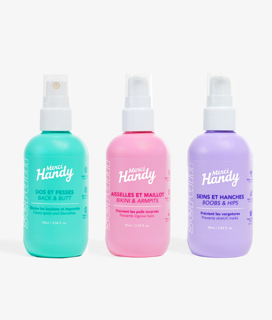 Body Serums TRIO - Pimples, Ingrown Hairs & Stretch Marks Merci Handy – the 3 body serums on a grey background