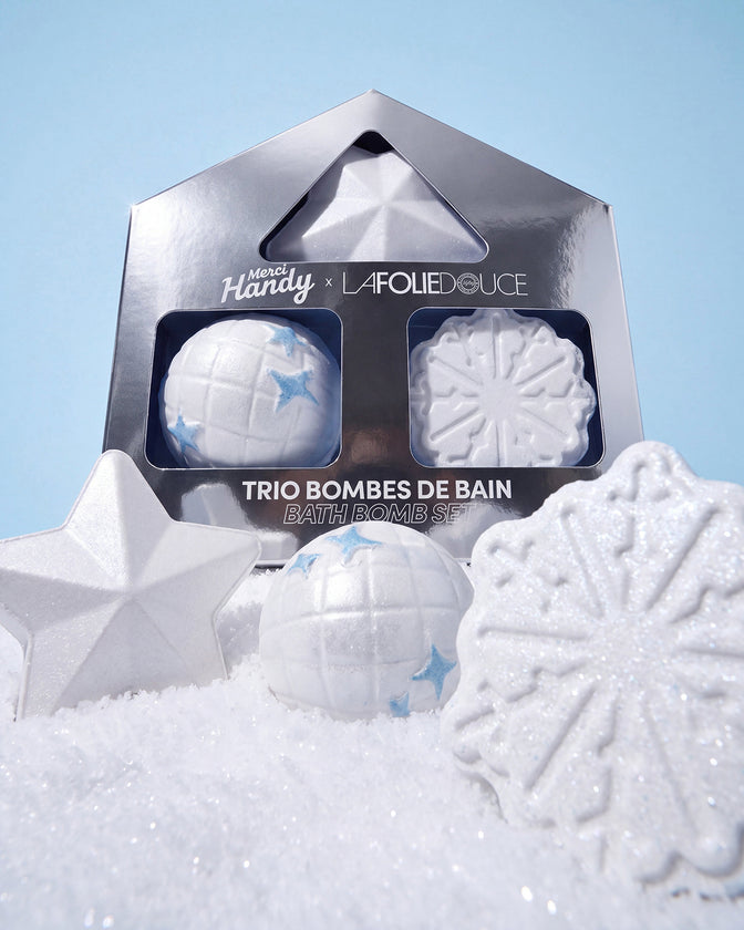Bath Bomb Trio x La Folie Douce™ Merci Handy – silver gift box of 3 bath bombs in the snow