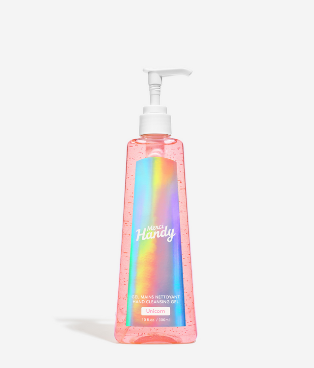 Gel Mains Nettoyant Unicorn Edition Grand Format Merci Handy – flacon pompe 300 ml sur fond gris